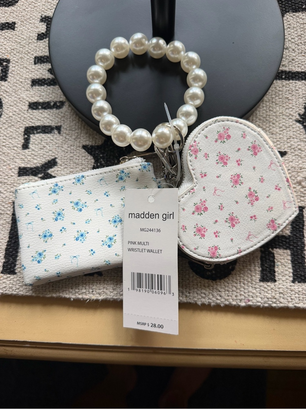 Madden Girl Pink Multi Floral Heart & Zip Wallet Set with Pearl Wristlet